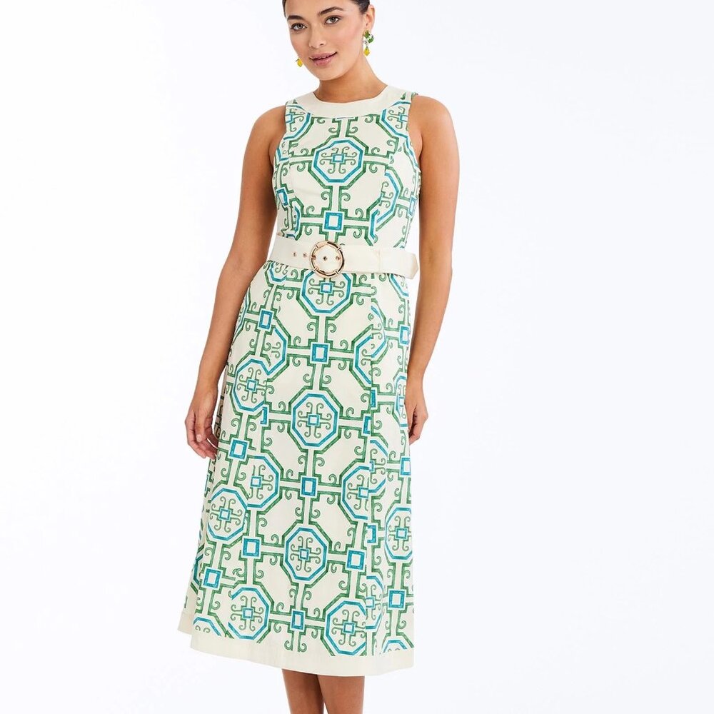 Mestiza Louisa Midi Dress Geometric Tile Pattern Blue Green Ivory Size 2 NWT